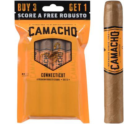Camacho Connecticut Cigar Robusto 5/4 Ct. Fresh Pack, featuring a standard-sized cigar with a smooth, light brown Connecticut wrapper and the packaging promoting a buy 3 get 1 free deal.