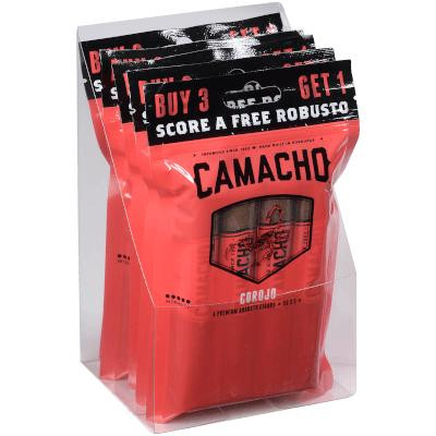 Camacho Corojo Cigar Robusto 5/4 Ct. Fresh Pack, packaged in a red resealable bag with promotional offers, displayed upright.