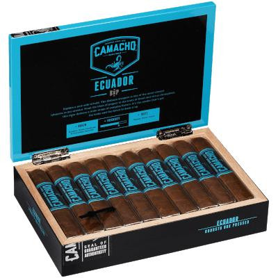 Camacho Ecuador Bxp Cigar Robusto 20 Ct. Box, open box showing multiple cigars with brown wrappers and blue labels.