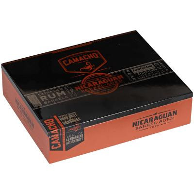 Camacho Nicaraguan Barrel-Aged Cigar Toro 20 Ct. Box, black and orange packaging with product details and branding.