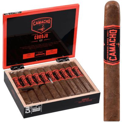 Camacho Corojo Bxp Cigar Toro 20 Ct. Box, a wooden box containing twenty cigars with a black and red label, and one cigar shown outside the box with similar branding.