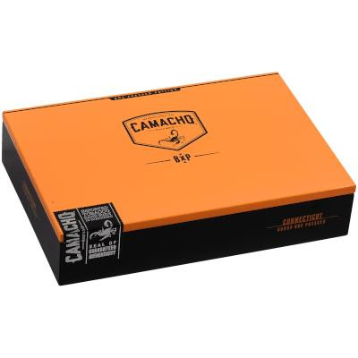 Camacho Connecticut Bxp Cigar Gordo 20 Ct. Box, orange packaging with black accents and logo, featuring the product name and seal of quality.