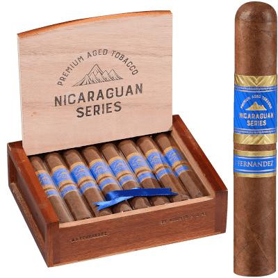 AJ Fernandez Cigars Robusto 15 Ct. Box, open wooden cigar box containing 15 cigars with a single cigar placed beside the box, featuring blue and gold band, on a white background.