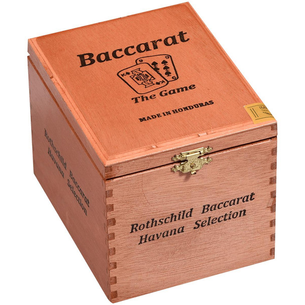 Baccarat Cigars Rothschild Natural 25ct Box, elegant wooden cigar box with engraved text and latch, containing premium cigars.