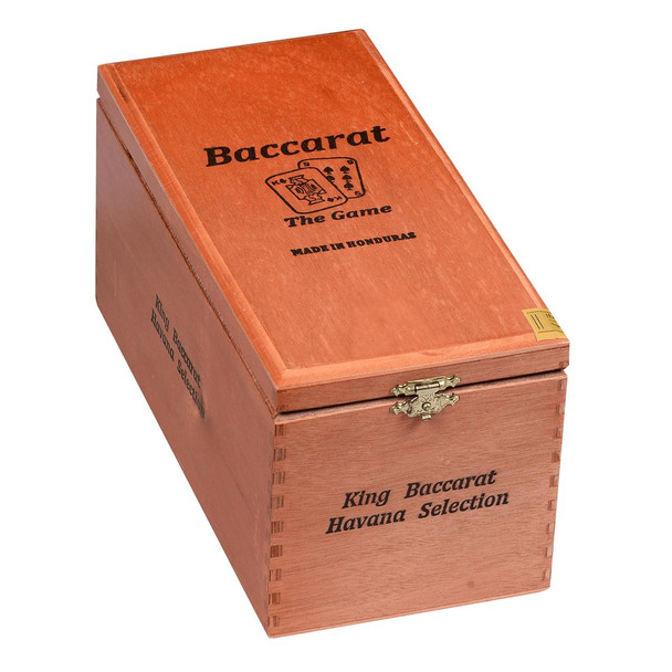 Baccarat Cigars King Natural 25 Ct. Box, wooden cigar box with a latch, featuring black text and a game illustration on the top, measuring 8.50X52.