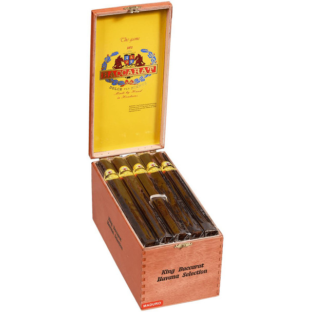 Product Baccarat Cigars King Maduro 25 Ct. Box 8.50X52, wooden cigar box with five cigars inside, featuring gold and red labels, open lid displaying the Baccarat logo and branding.