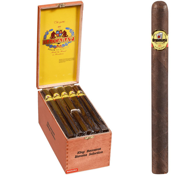 Product Baccarat Cigars King Maduro 25 Ct. Box 8.50X52, close-up of a single dark brown cigar with a gold and red label.