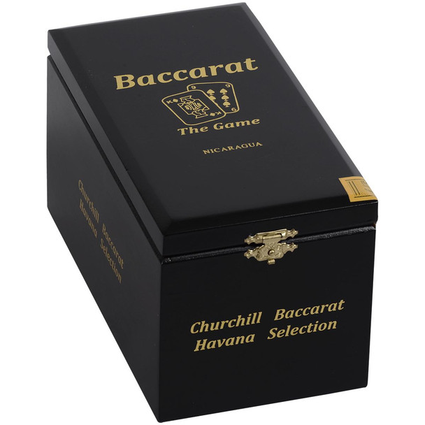 Baccarat Cigars Nicaragua Churchill 7.00 x 48, a premium black cigar box with gold detailing and a latch, featuring the Baccarat logo and branding.