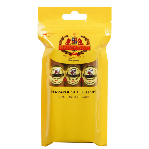 Baccarat Cigars Rothschild Natural Fresh Pack 5/3 Ct., yellow packaging containing three robust cigars with Baccarat branding and Havana selection label.