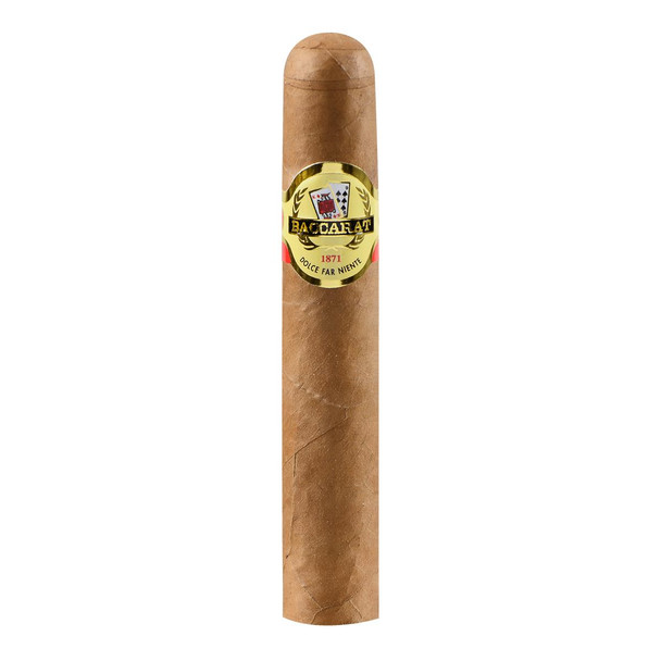 Baccarat Cigars Rothschild Natural Fresh Pack 5/3 Ct., a single cigar with a light brown wrapper and gold, red, and white band featuring the Baccarat logo.