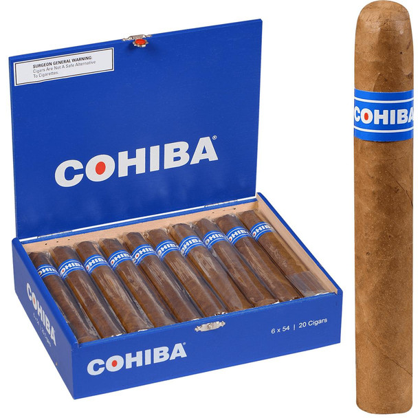 Cohiba Cigars Blue Toro 20 Ct. Box 6.00X54, a box of cigars with a single cigar displayed, featuring a blue and white band with the Cohiba logo.