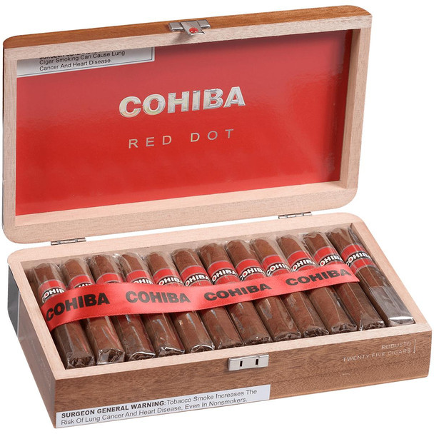 Cohiba Cigars Robusto 25 Ct. Box 5.00X49, open wooden cigar box with individually wrapped cigars inside and red Cohiba band.