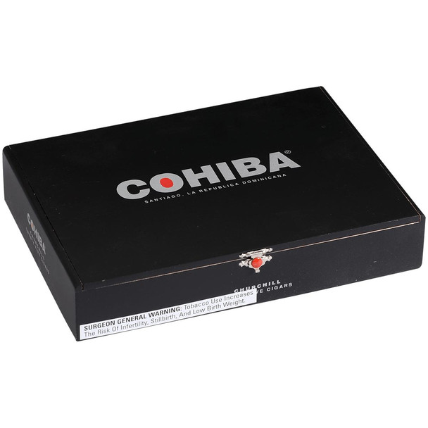 Cohiba Cigars Black Churchill 25 Ct. Box, black rectangular cigar box with silver and red logo and white text, tobacco packaging with clean and sleek design.