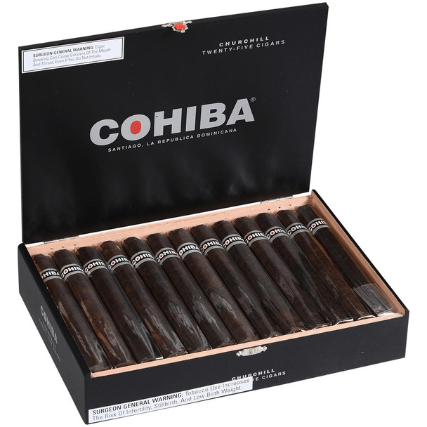Cohiba Cigars Black Churchill 25 Ct. Box, open box displaying ten cigars inside.