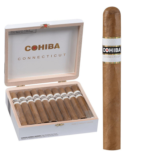 Cohiba Cigars Connecticut Toro 20 Ct. Box 6.50x52, featuring a pack of 20 cigars with a light brown wrapper and a single cigar standing upright beside the box.