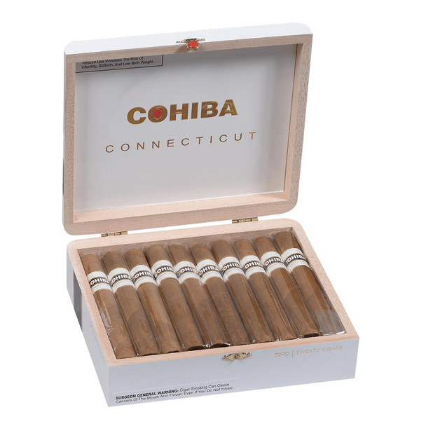 Cohiba Cigars Connecticut Toro 20 Ct. Box, open cigar box with 20 wrapped cigars inside, featuring a white and wood finish with gold accents and logo on the inside lid.