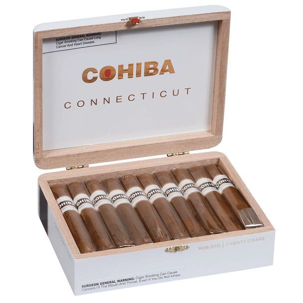 Product Cohiba Cigars Connecticut Robusto 20 Ct. Box, open wooden box containing twenty cigars with white and black bands, with the brand name and size printed on the box.