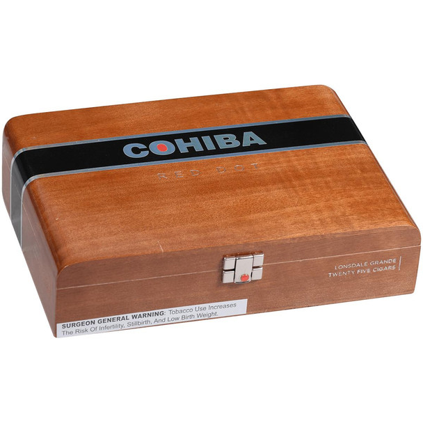 Cohiba Cigars Red Dot Lonsdale Grande 25 Ct. Box, wooden cigar storage box with black label and silver lock, containing premium cigars.