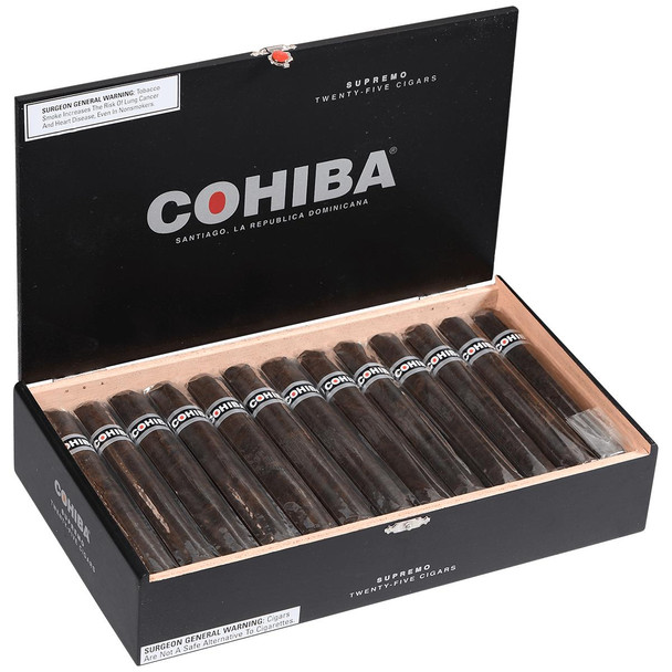 Cohiba Cigars Black Supremo 25 Ct. Box 6.00X54, a black box containing 25 cigars with bands labeled 'Cohiba' and a warning label on the top left.