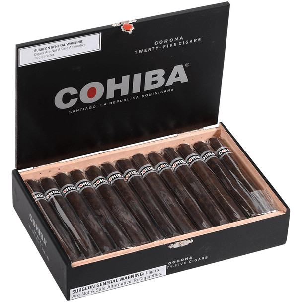Cohiba Cigars Black Corona 25 Ct. Box 5.50X42, open box showing 25 dark brown cigars with white and black bands, inside a black box with silver and white branding and warnings.