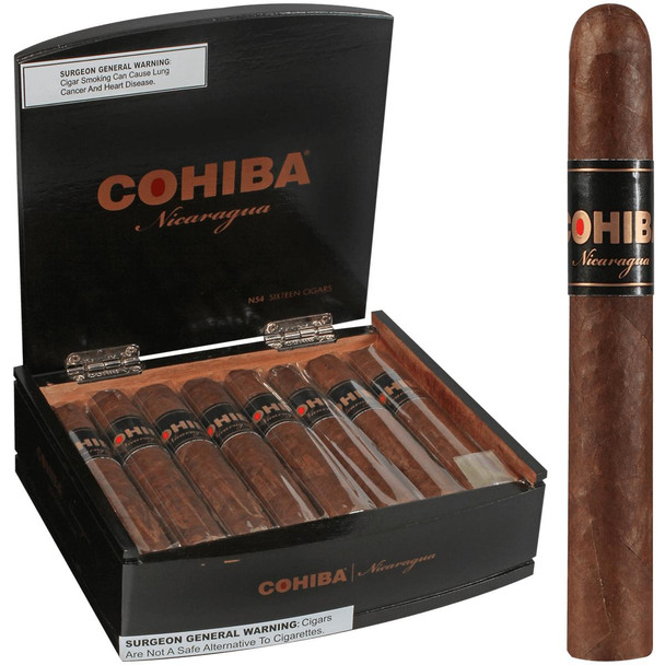 Cohiba Cigars Nicaragua N5.5X54 16 Ct. Box, featuring a black cigar box with a clear view of 16 cigars inside, each individually wrapped with a black label and red accent, and a single cigar outside the box showing brown wrapper and black band with red and gold lettering.