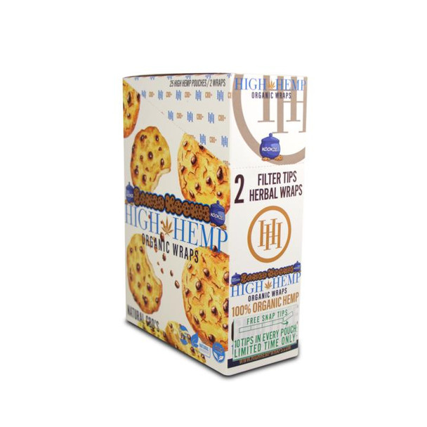 High Hemp Organic Wraps Baked Kookies 25Ct/2, package featuring herbal wraps and cookie illustrations.