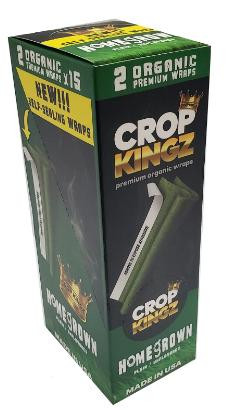 Crop Kingz Wraps, box of Crop Kingz Premium Organic Hemp Wraps featuring a green and black design with a hemp leaf graphic and the words 'Homegrown' and 'Made in USA'.