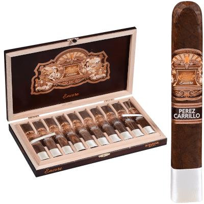 E.P Carrillo Cigars EP Carrillo Encore Majestic Cigars Robusto 20 Ct. Box, open box showing 20 cigars neatly arranged, alongside a single cigars with band labeled Perez Carrillo.