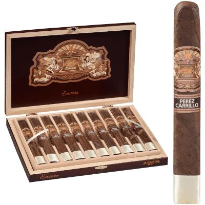E.P Carrillo Cigars EP Carrillo Encore Cigars Valientes 10 Ct. Box, an open cigar box displaying ten cigars with a single cigar standing upright beside the box.