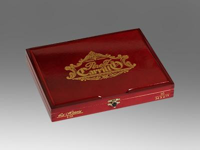 E.P Carrillo Cigars Perez Carrillo La Historia E-III Cigars 10 Ct. Box, Red wooden cigar box with gold logo and decorative details.