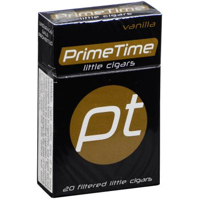 Prime Time Little Cigars Vanilla 10/20, a black and gold pack of flavored filtered cigars with vanilla flavor branding and product information on the packaging.