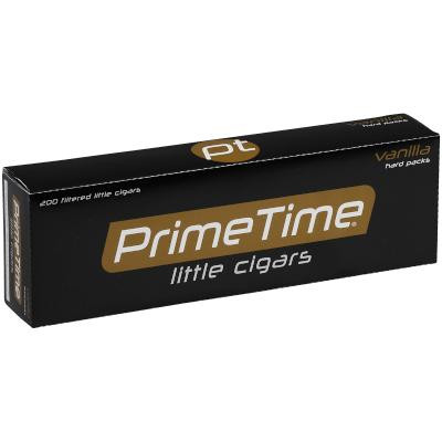 Prime Time Little Cigars Vanilla 10/20, rectangular black box with gold and white branding and text indicating vanilla flavor and quantity.