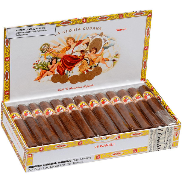 La Gloria Cubana Cigars Wavell Maduro 25 Ct. Box 5.00X50, a box of 25 cigars with a colorful artistic design on the packaging, featuring an illustration of a woman and cherubs, with warning labels on the packaging.