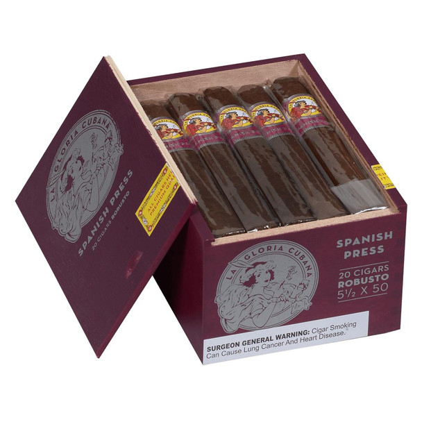 La Gloria Cubana Cigars Spanish Press Robusto 20 Ct. Box 5.50x50, image shows the open box with five cigars inside, wrapped in plastic, with a purple and white packaging design featuring a woman illustration.