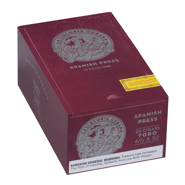 La Gloria Cubana Cigars Spanish Press Toro 20 Ct. Box, premium cigars in a maroon box with a vintage-style logo of a woman holding a cigar, measuring 6.50x52, showcasing a classic design for cigar enthusiasts.