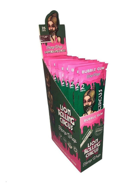 Lion Rolling Circus Hemp Wraps Bubble Gum 25/2, display box containing 25 packs of pink bubble gum-flavored hemp wraps with colorful branding and cartoon artwork.
