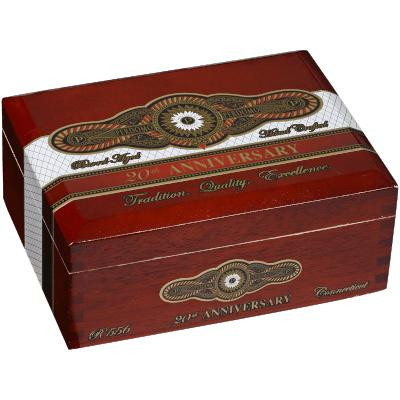 Perdomo 20th Anniversary Connecticut Cigars Robusto 24 Ct. Box, red wooden cigar box with gold and white branding and decorative accents.