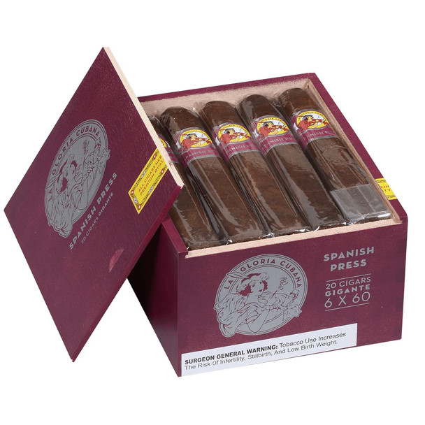 La Gloria Cubana Cigars Spanish Press Gigante 20 Ct. Box 6.00x60, open box showing five large cigars with colorful bands inside a maroon packaging with logo and warning label.