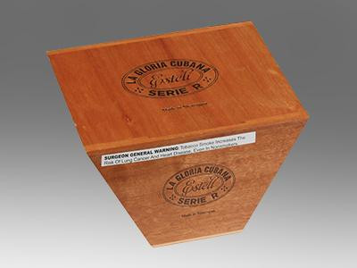 La Gloria Cubana Cigars Serie R Esteli No. Sixty-Four 18 Ct. Box, wooden cigar box with branding and warning label.
