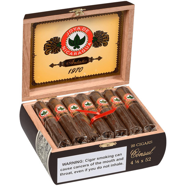 Joya De Nicaragua Cigars Antano 1970 Consul 20 Ct. Box, premium cigars in a wooden box with a detailed label and a clear display of individual cigars wrapped in plastic, featuring a red, green, and black logo and warning label.