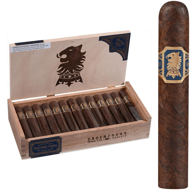 Undercrown Cigars Robusto 25 Ct. Box 5.00X54, a wooden cigar box containing 25 cigars with a close-up of one cigar, showcasing its dark brown wrapper, gold and blue band with a lion emblem.