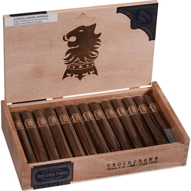 Undercrown Cigars Gran Toro 25 Ct. Box 6.00X52, open wooden cigar box containing multiple cigars with a lion logo and decorative labels inside a wooden box.