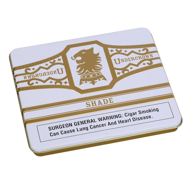 Undercrown Cigars Connecticut Shade Coronets 5/10 Tins 4.00X32, a white and gold tin featuring a lion's head logo and branding details.