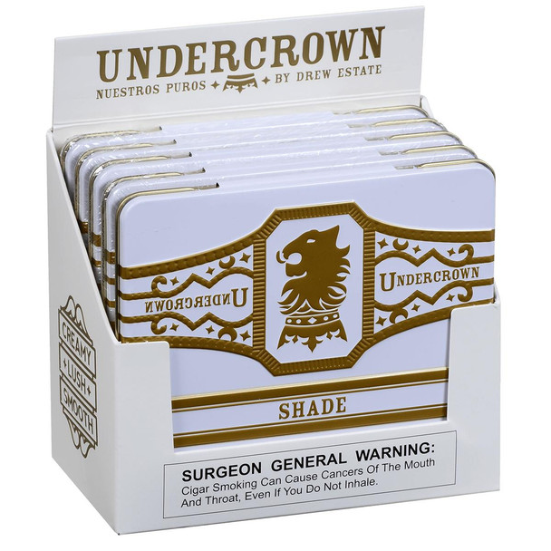 Undercrown Cigars Connecticut Shade Coronets 5/10 Tins 4.00X32, product packaging image of cigars in white tins with gold and brown branding and lion logo.