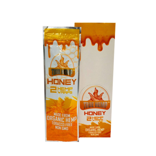 True Hemp Wraps Honey 25/2, product packaging with honey flavored hemp wraps in a white and orange box, featuring honey drips graphic and blend of hemp and honey illustrations.