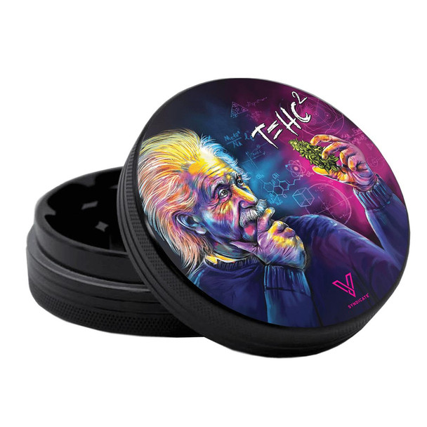 Sharp Shred 2.5" Two Piece Grinder, colorful artistic illustration of Albert Einstein holding a cannabis leaf on its lid.