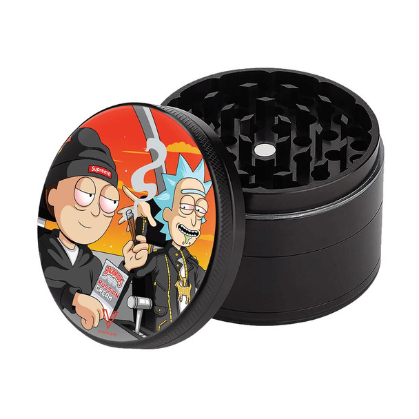 Sharp Shred Grinder Sharp Shred 2.0 Four Piece, black herb grinder with a colorful cartoon graphic lid featuring characters from Rick and Morty.