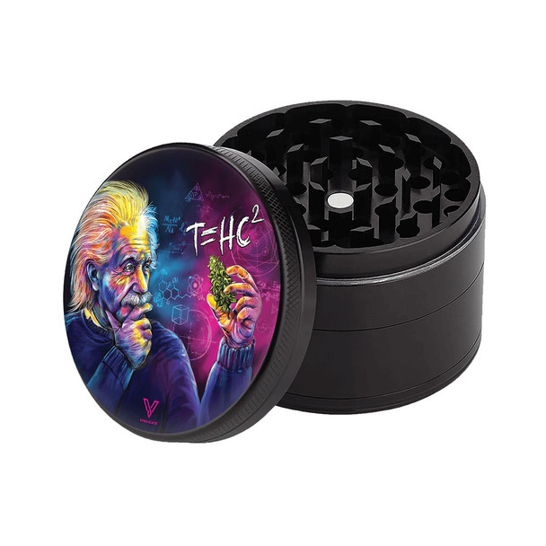 Sharp Shred Grinder Sharp Shred 2.0 Four Piece, a black, compact herb grinder with a vibrant illustrated top featuring Albert Einstein analyzing a cannabis leaf.