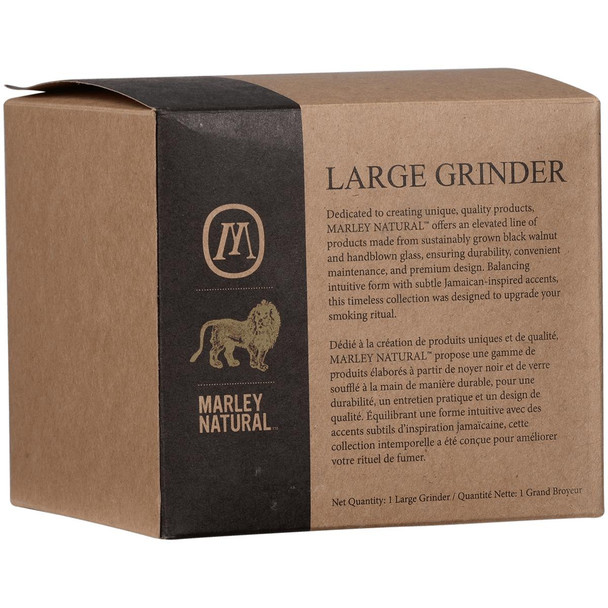 Marley Natural 3" Black Walnut Wood Four Piece Grinder, product packaging with black and brown color scheme and detailed description.