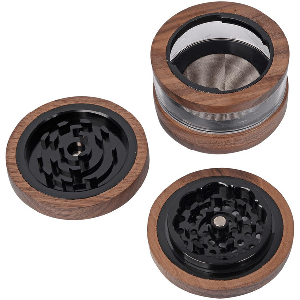 Marley Natural 3" Black Walnut Wood Four Piece Grinder, shown disassembled with top, middle, and bottom parts.